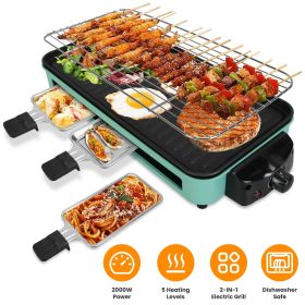 Fresh Fab Finds 2000W Electric Indoor Grill 2 in 1 Electric BBQ Gill with Grill Net Removable Plate 5 Temperature Control 3 Small Trays Dishwasher Saf